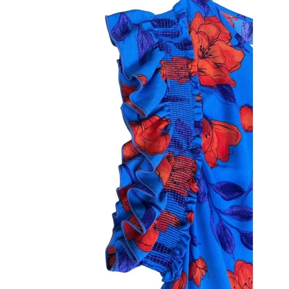 GeeGee Blue Orange Floral Ruffle‎ Smocked Cap Sleeve Shift Dress 3XL